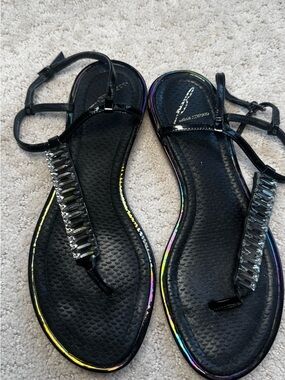 Brian Atwood Jeweled T-Strap Black Sandals - size 6